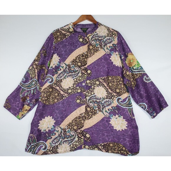 Poeme Citron Silk Blend Tunic Top 2X Purple Paisley Floral Asian Art To Wear - Picture 3 of 9